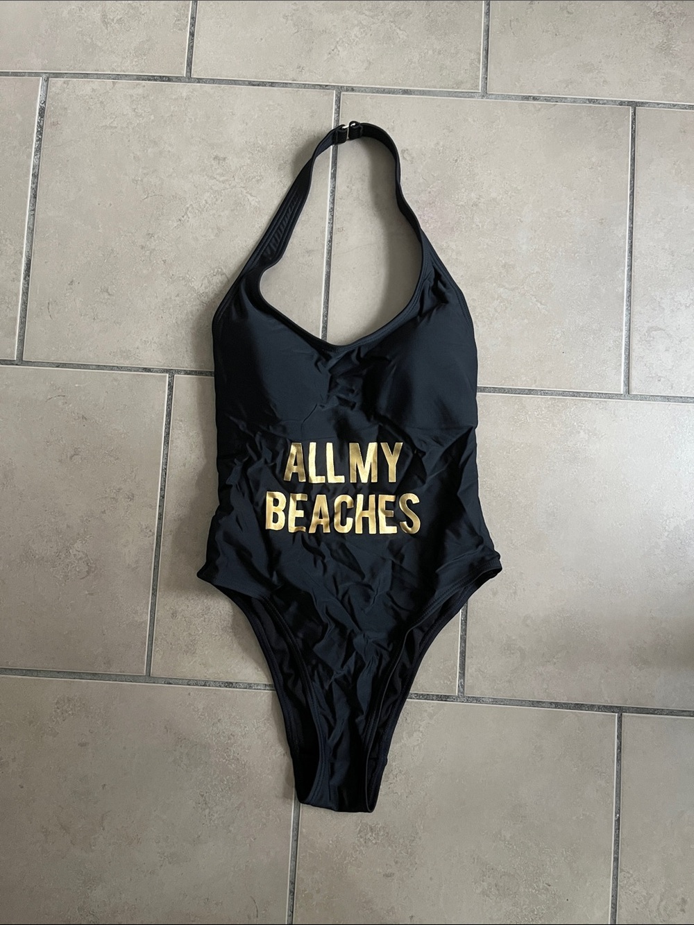 Express Black One-Piece Swimsuit with Gold 'All My Beaches' Lettering